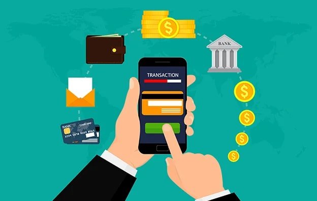 Mobile In Hand With Types Of Transaction Icons