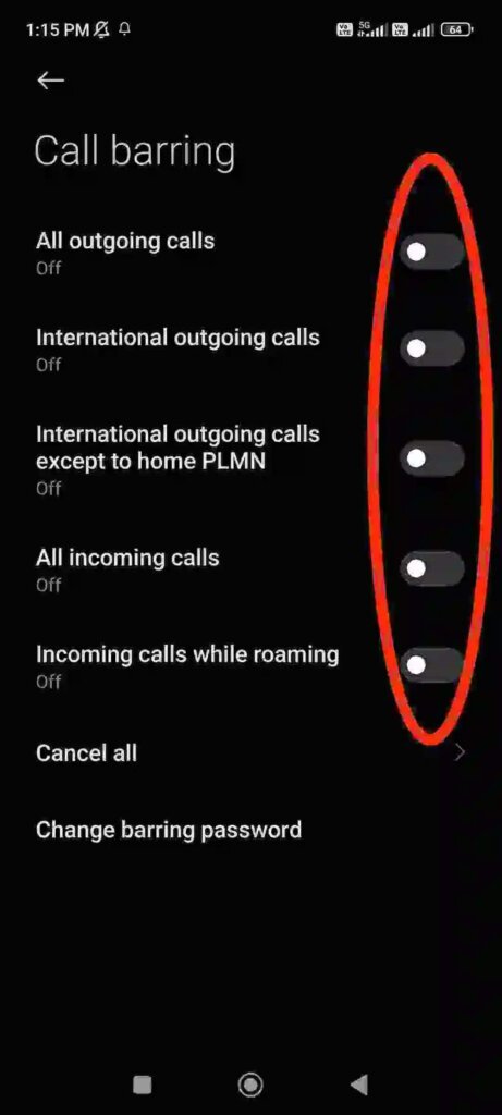 Red circle on all call barring options