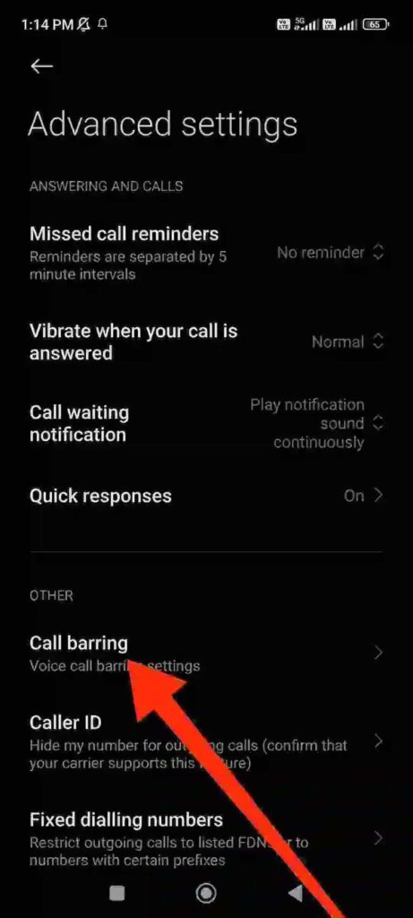 red arrow pointed on call barring option