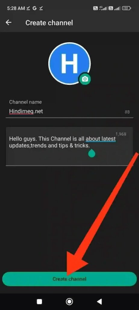 Red arrow point on create channel confirmation button