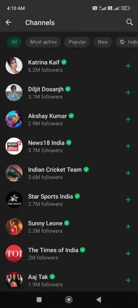 All whatsapp channel lists interface