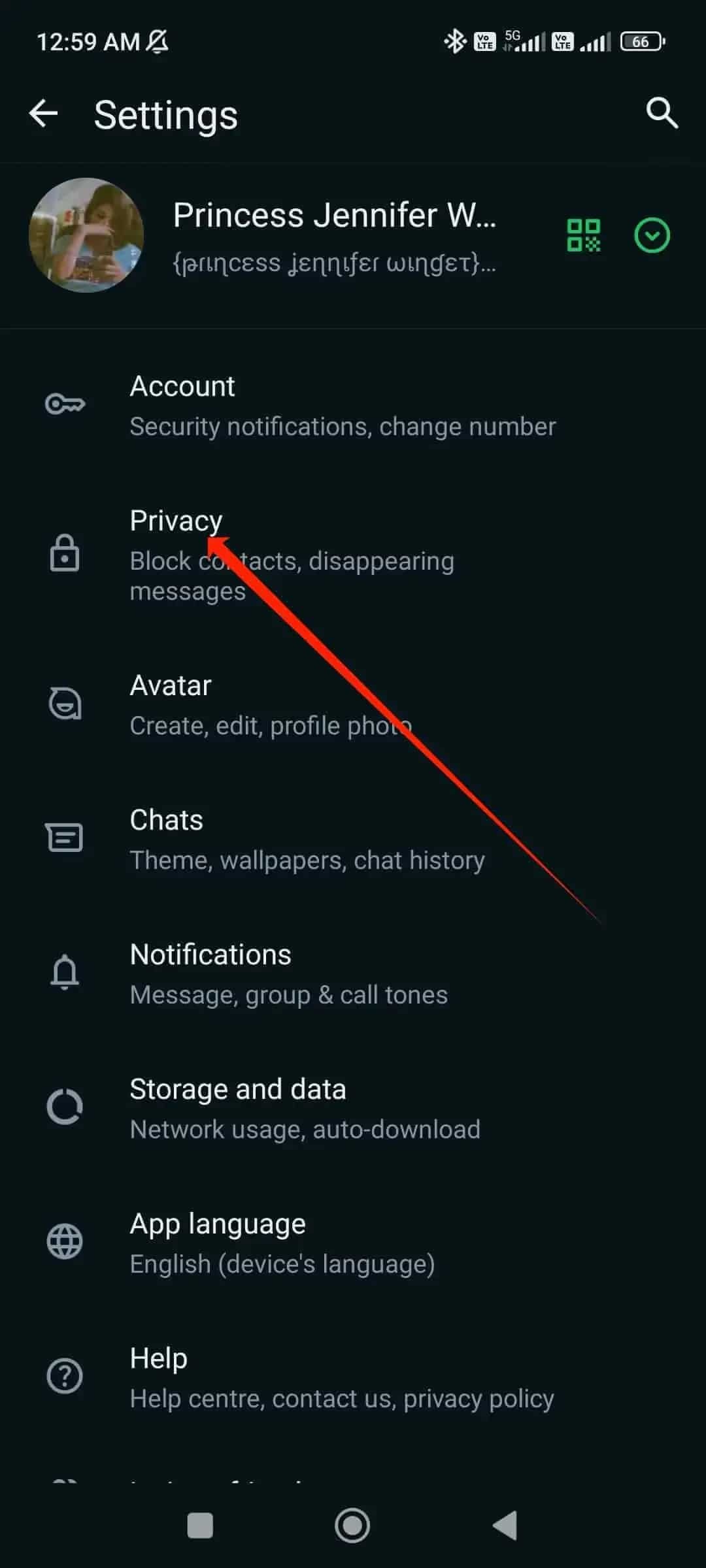 Red arrow pointed on whatsapp privacy option