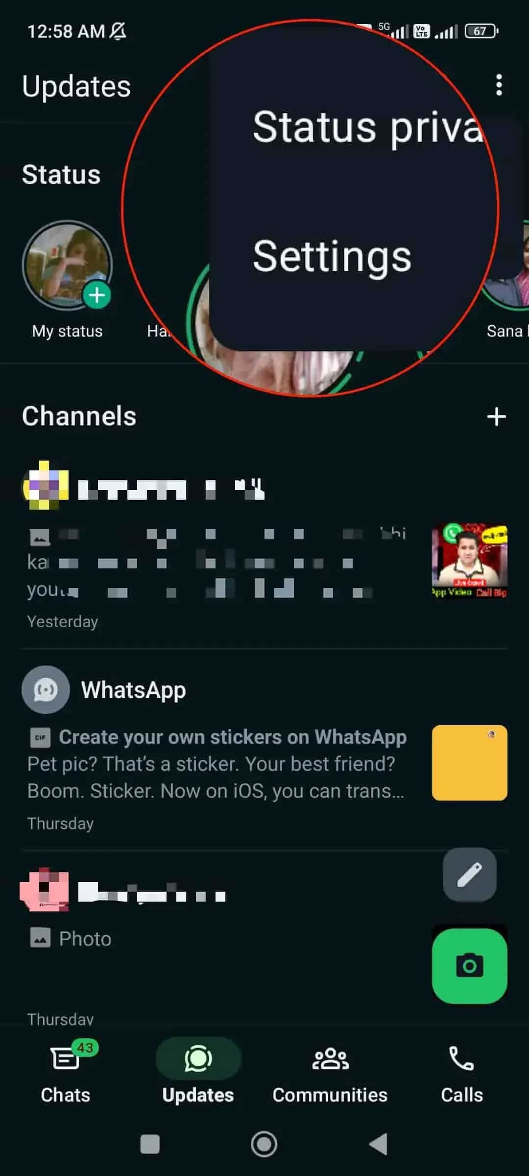 red circle on whatsApp settings option